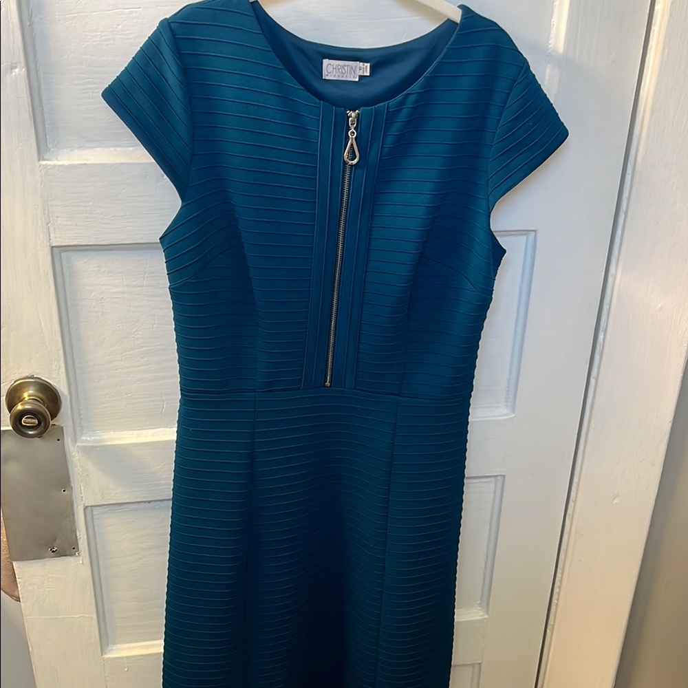 Chaps Blue Sheath Dress with Cap Sleeves